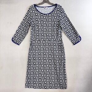 Boden Blue White Floral Geometric Print 3/4 Sleeve Shift Dress with Pockets